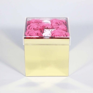 Boîte de présentoir en acrylique rose brillant et miroir doré 
