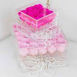 Personnalisé 9 trous acrylique transparent rose de boîte de fleur avec un tiroir 
