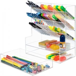vente en gros stylo et porte-crayon en acrylique plexiglas à 6 niveaux avec tiroir
 