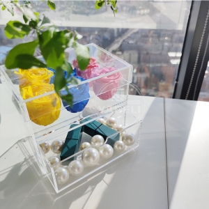 Boîte à fleurs rectangulaire en acrylique transparent à 6 roses avec tiroir 