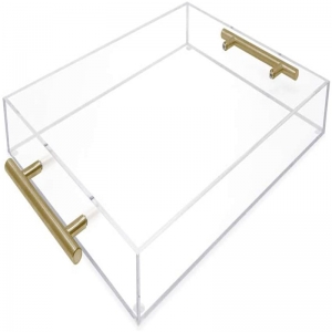 Plateau de service en acrylique de luxe rectangle de luxe avec poignées en or 