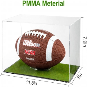 Boîte de rangement de football transparent avec tapis de gazon artificiel Tribune de football vitrine avec porte-balle 