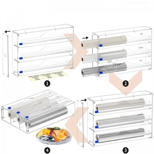 Organisateur de cuisine Distributeur de papier d'emballage en film acrylique à 3 niveaux avec emporte-pièces
 