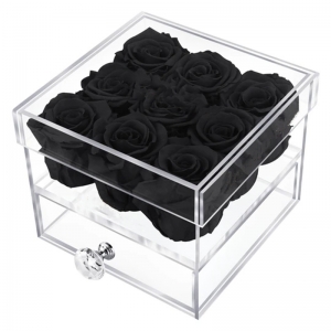 Boîte à fleurs en acrylique transparent de luxe de forme carrée 9 roses avec tiroir à bijoux 