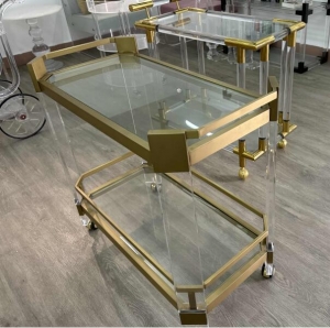 Chariot de service moderne en acrylique transparent doré, vente en gros d'usine 