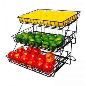 Support de panier de fruits en maille métallique personnalisé noir à 3 niveaux 